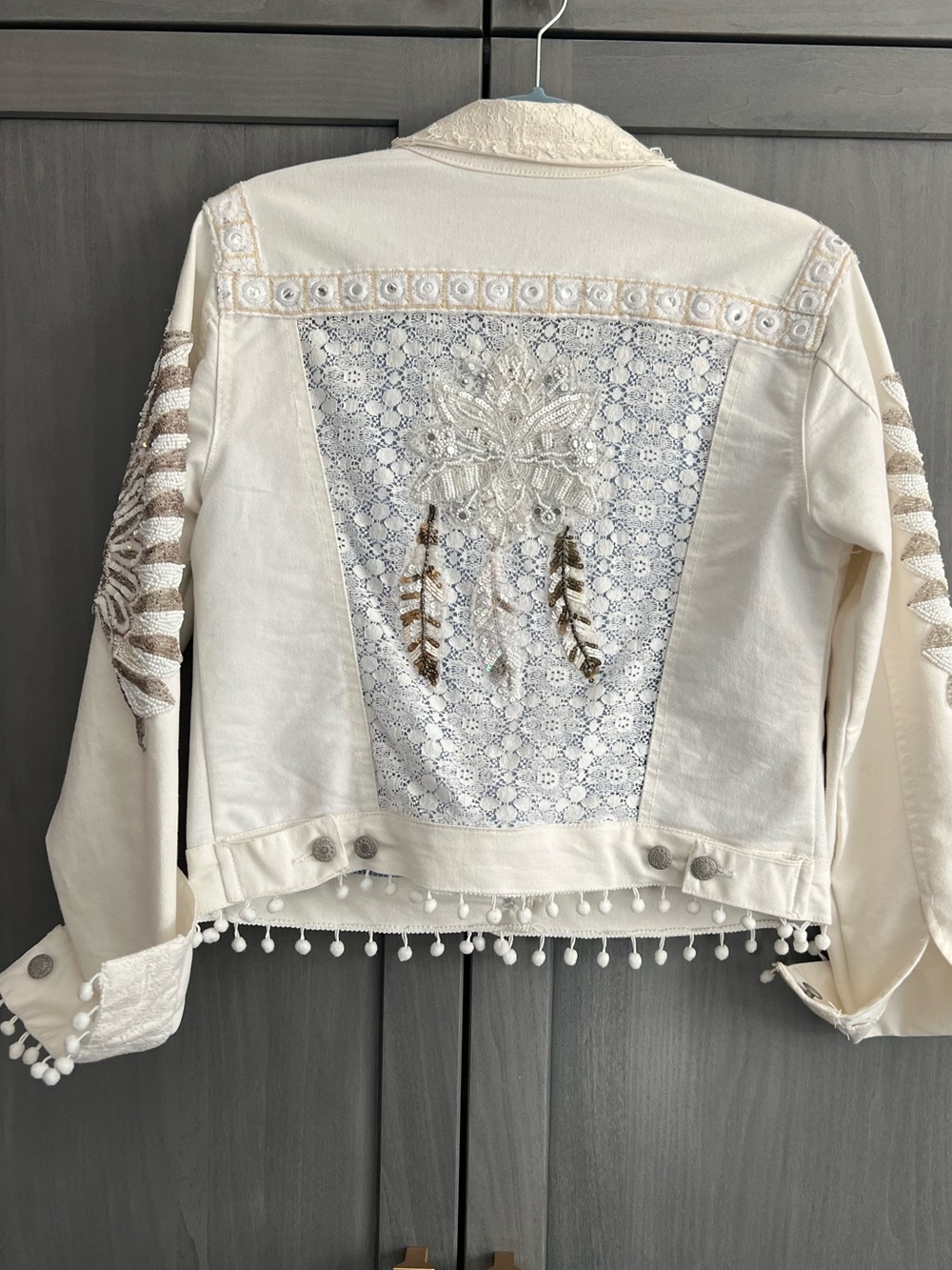 Antica Santoria Embellished White  Denim Jacket with Pom Pom Details - Picture 4 of 15
